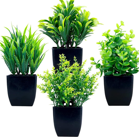 TETOU 4Pcs Fake Plants in Black Pot, Mini Artificial Eucalyptus Potted Plant Small Faux Grass Greenery Potted Plants for Indoor Home Office Farmhouse Bathroom Table Decoration