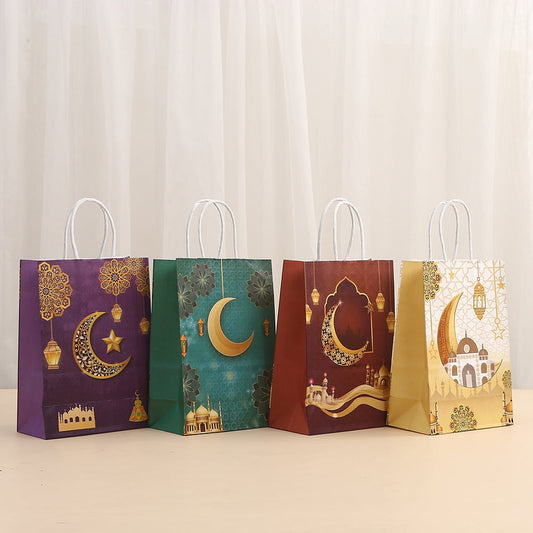TETOU 4pcs Eid Mubarak Kraft Paper Bag Ramadan Packaging Gift Bags Holiday Supplies