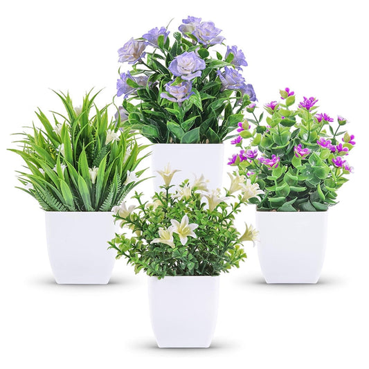 TETOU 4pcs Fake Plants - Small Artificial Greenery Potted Plants with Flowers,Mini Simulation Eucalyptus Plants for Home Office Bathroom Living Room Table Decor
