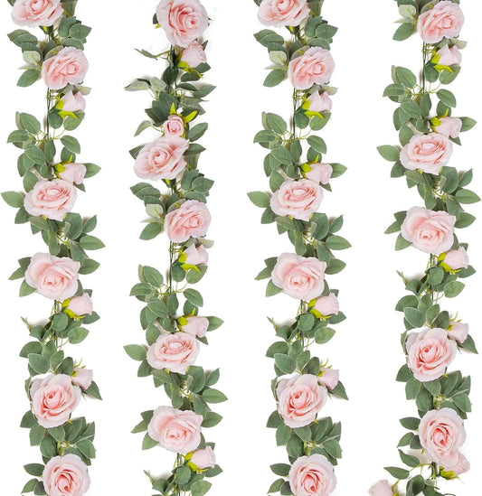 TETOU 4pcs Flower Garland, Faux Artificial Floral Garland Fake Rose Hanging Vine for Wedding Arch Garden Ceremony Background Outdoor Wall Decoration - Pink