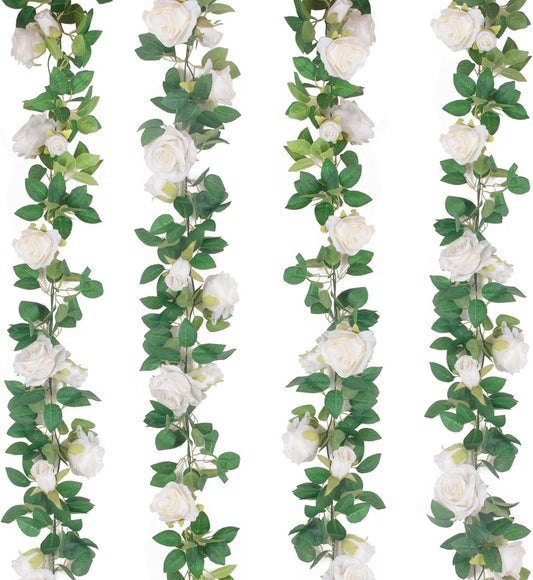 TETOU 4pcs Flower Garland, Faux Artificial Floral Garland Fake Rose Hanging Vine for Wedding Arch Garden Ceremony Background Outdoor Wall Decoration - White