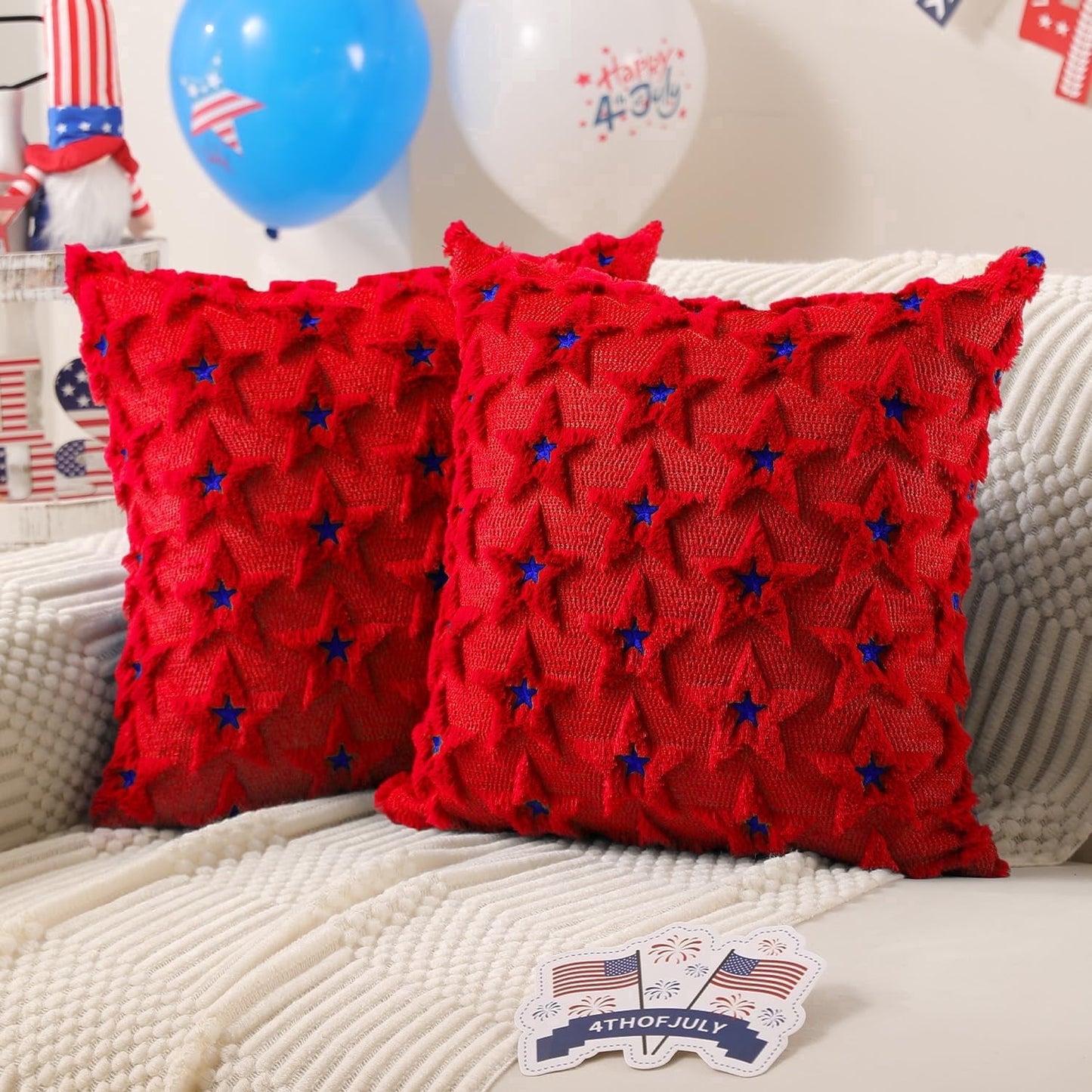 TETOU 4th of July Patriotic Pillow Covers ,18"x18"Set of 2 4th of July Decor Red Embroidery Star Decor Soft Plush Faux Fur Jacquard Throw Pillows for Independence Day Home Party Sofa Decorations