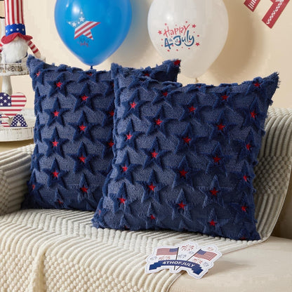 TETOU 4th of July Patriotic Pillow Covers ,18"x18"Set of 2 4th of July Decor Red Embroidery Star Decor Soft Plush Faux Fur Jacquard Throw Pillows for Independence Day Home Party Sofa Decorations