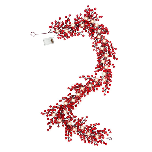 TETOU 5.9ft Christmas Red Berry Garland with Lights DIY Artificial Garland for Indoor Mantle Staircase Home Decoration