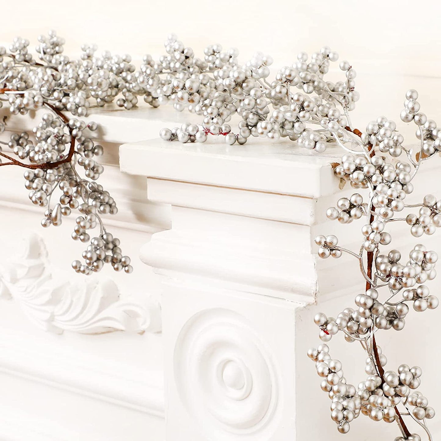 TETOU 5.9ft Silver Berry Christmas Garland with Light Artificial Garland for Indoor Mantle Staircase Home Xmas Decoration