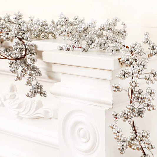 TETOU 5.9ft Silver Berry Christmas Garland with Light Artificial Garland for Indoor Mantle Staircase Home Xmas Decoration