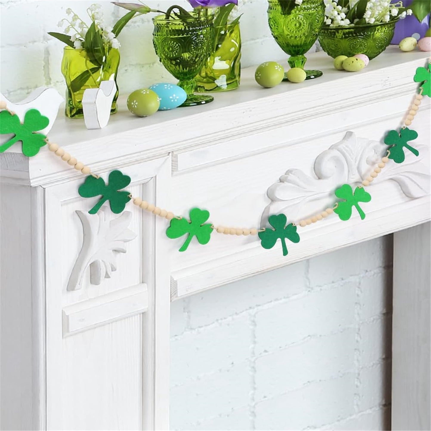TETOU 4.5ft St. Patrick Day Garland Felt Shamrock Banner with Wooden Beads Fireplace Wall Shelf Home St Patricks Day Decorations