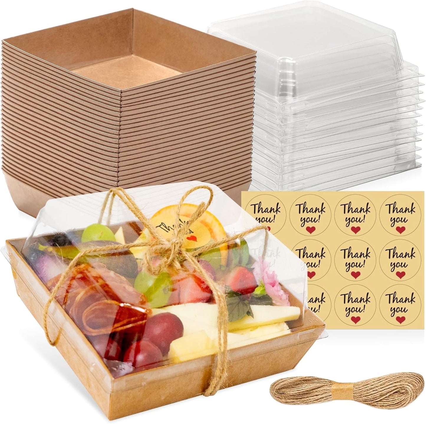 TETOU 50 Pack Small Charcuterie Boxes with Clear Lids,5Inch To Go Paper Mini Charcuterie Cups,Disposable Food Containers Dessert Boxes for Sandwich Cookie Sushi Cake Slice Strawberries (Brown)
