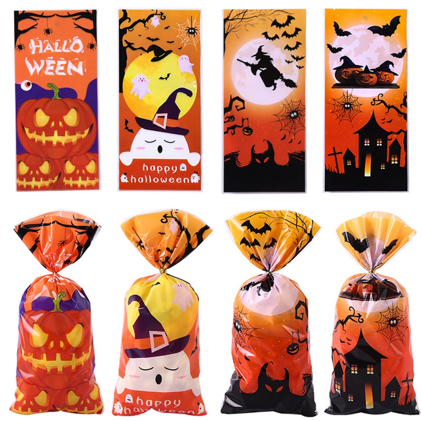 TETOU 50Pcs Hallowe'en Cellophane Treat Bags, 4.92*10.93" Multi Color Candy Bags Bats Pumpkin and Witch Halloween Goody Bags with Twist Ties for Snacks Cookies Packing Halloween Party Favor