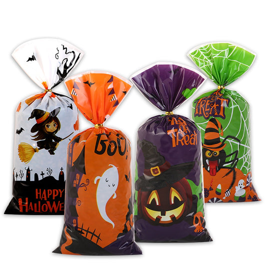 TETOU 50Pcs Hallowe'en Cellophane Treat Bags, 4.92*10.93" Multi Color Candy Bags Bats Pumpkin and Witch Halloween Goody Bags with Twist Ties for Snacks Cookies Packing Halloween Party Favor