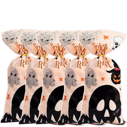 TETOU 50Pcs Halloween Cellophane Treat Bags, 4.92*10.93" Multi Color Candy Bags Bats Pumpkin and Witch Halloween Goody Bags with Twist Ties for Snacks Cookies Packing Halloween Party Favor
