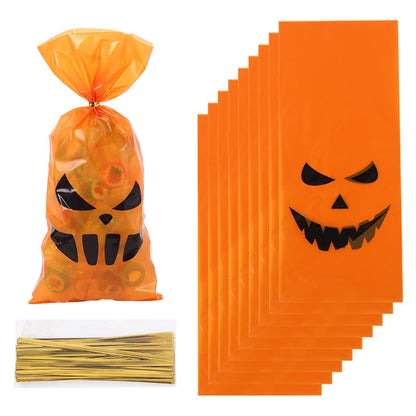 TETOU 50Pcs Halloween Cellophane Treat Bags, 4.92*10.93" Multi Color Candy Bags Bats Pumpkin and Witch Halloween Goody Bags with Twist Ties for Snacks Cookies Packing Halloween Party Favor