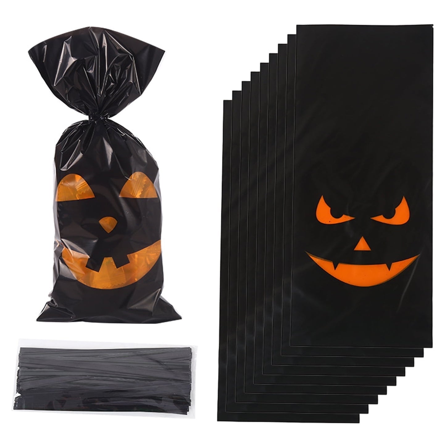 TETOU 50Pcs Halloween Cellophane Treat Bags, 4.92*10.93" Multi Color Candy Bags Bats Pumpkin and Witch Halloween Goody Bags with Twist Ties for Snacks Cookies Packing Halloween Party Favor