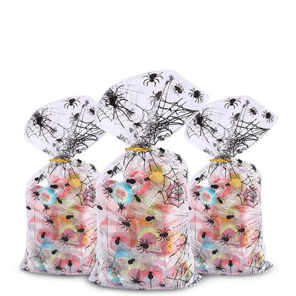TETOU 50Pcs Halloween Cellophane Treat Bags, 4.92*10.93" Multi Color Candy Bags Bats Pumpkin and Witch Halloween Goody Bags with Twist Ties for Snacks Cookies Packing Halloween Party Favor