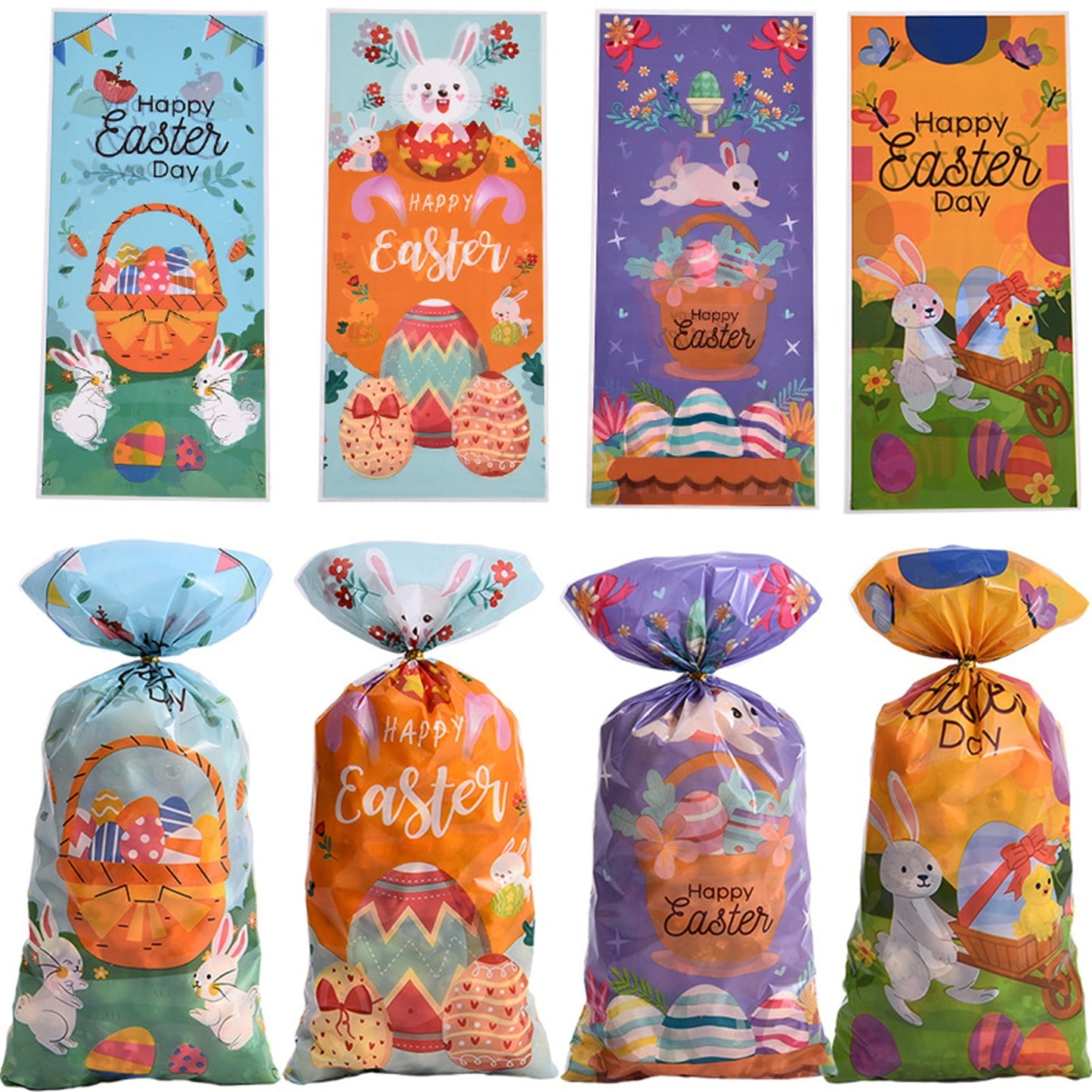 TETOU 50pcs Easter Candy Treat Bags Bunny Chick Rabbit Cellophane Cookie Gift Bags Easter Party Favor Supplies