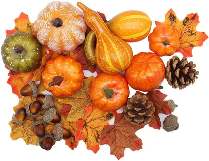 TETOU 50pcs Fall Pumpkins Decor Set,Mini Artificial Pumpkins Fall Leaves Cones Acorns Decorations for Halloween Thanksgiving Home Autumn  Harvest Farmhouse Table Decor