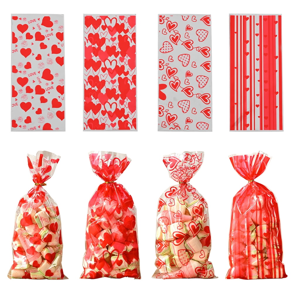 TETOU 50pcs Valentine's Day Candy Treat Bags Cellophane Gift Snack Bag with Ties Party Favor Supplies