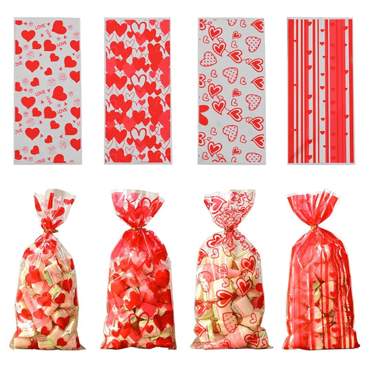 TETOU 50pcs Valentine's Day Candy Treat Bags Cellophane Gift Snack Bag with Ties Party Favor Supplies
