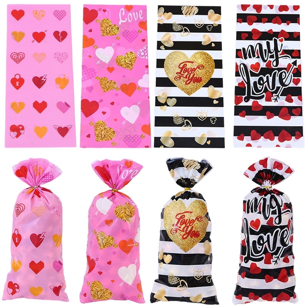 TETOU 100pcs Valentine's Day Candy Treat Bags Cellophane Gift Snack Bag with Ties Party Favor Supplies