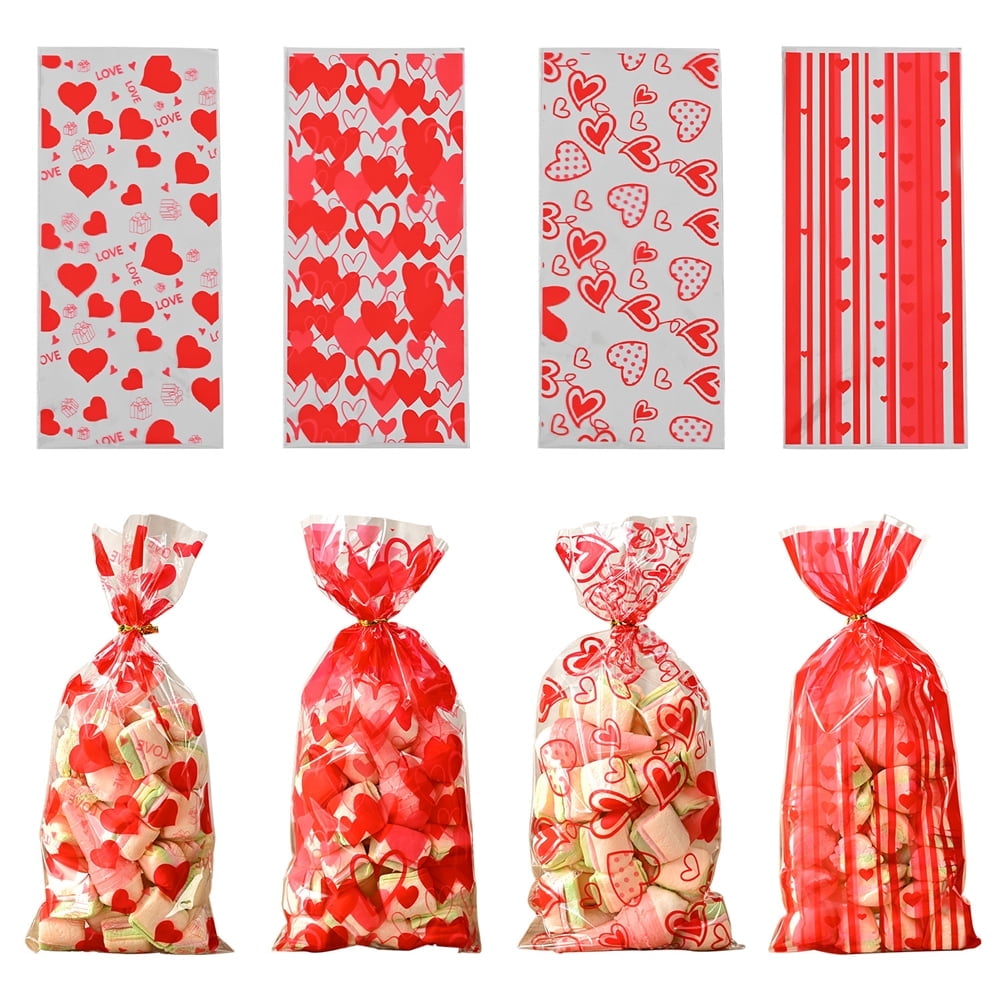 TETOU 100pcs Valentine's Day Candy Treat Bags Cellophane Gift Snack Bag with Ties Party Favor Supplies