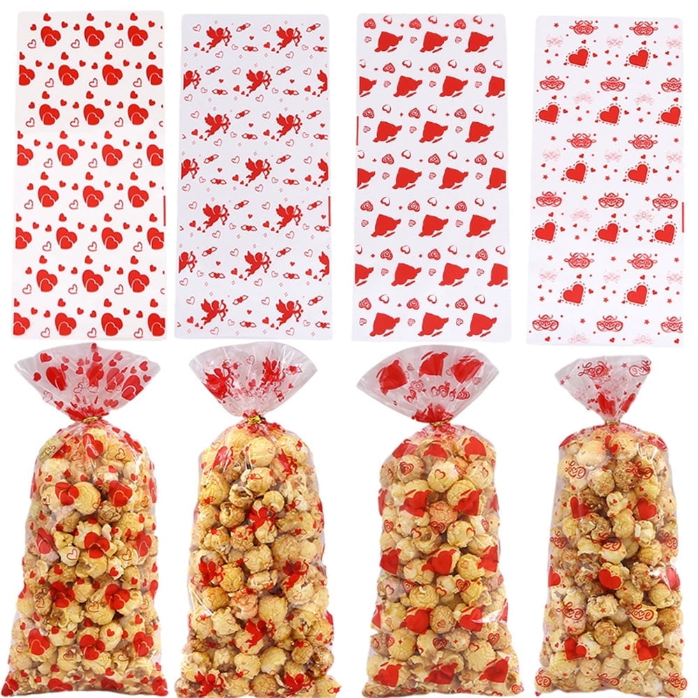 TETOU 100pcs Valentine's Day Candy Treat Bags Cellophane Gift Snack Bag with Ties Party Favor Supplies