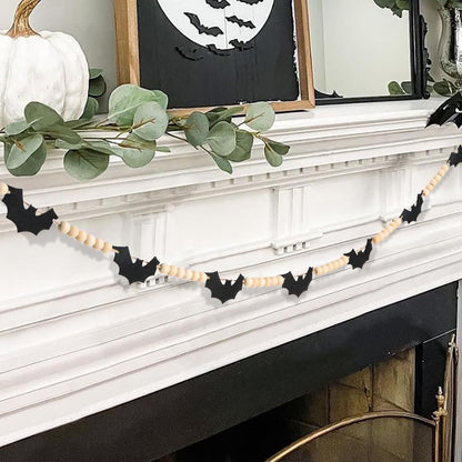 TETOU 4.9Ft Wood Halloween Felt Bats Bead Garland Banner for Farmhouse Halloween Fireplace Mantle Walls Decoration