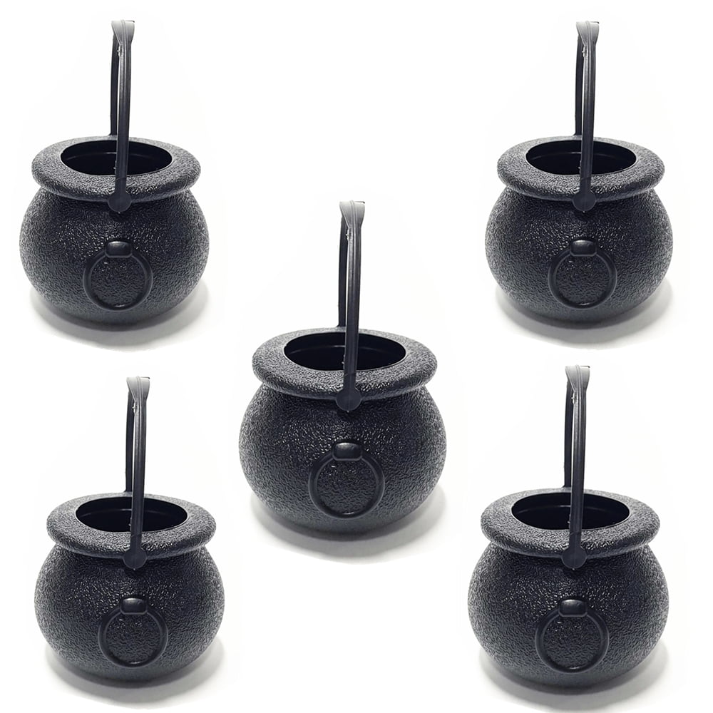 TETOU 3Pcs Mini Candy Cauldron Kettles, Plastic Hallowe'en Candy Bucket Witch's Cauldron Trick or Treat for St. Patrick's Day Hallowe'en Decoration and Kid Birthday Party Favors - Flame, Black, 1L+2S