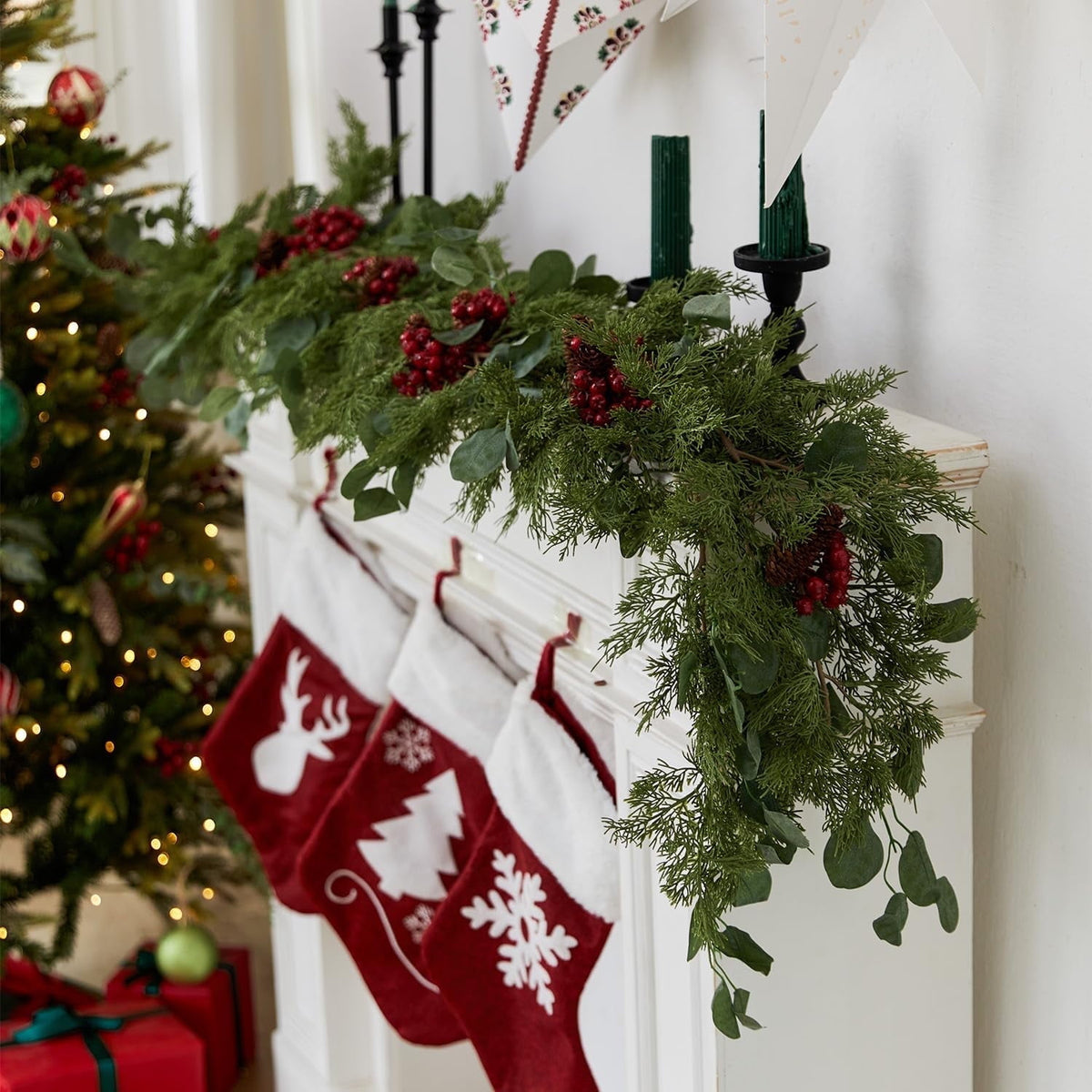 TETOU 6.3ft 2025 Upgraded Christmas Garland Artificial Pine Cypress Eucalyptus Berries Greenery Garland Holiday Decor
