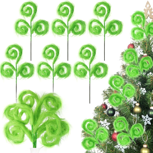 TETOU 6 Pcs Christmas Tree Topper,17 Inch Christmas Tree Picks,Green Curly Furry Christmas Tree Ornament for Christmas Tree Topper Filler Branches Home Holiday Party Decorations