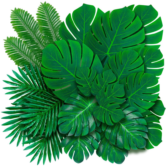 TETOU 60Pcs Palm Leaves Artificial Tropical Monstera, 6 Kinds Large Small Green Fake Palm Leaf with Stems for Home Kitchen Party Flowers Arrangement Wedding Hawaiian Party Table Decoration