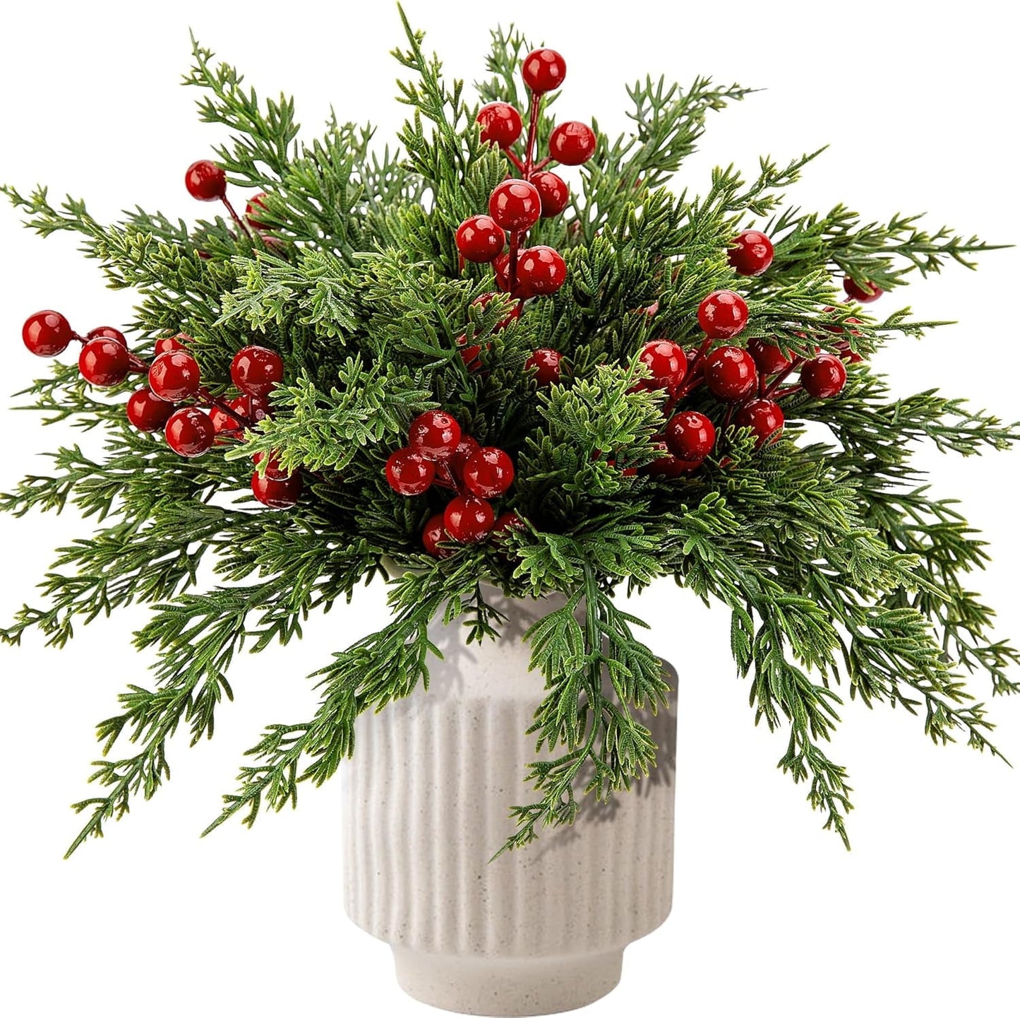 TETOU 60pcs Christmas Artificial Pine Branches & Artificial Red Berry Stems, Norfolk Pine Needles Picks for DIY Christmas Decoration Xmas Garland Fake Greenery Decor Indoor
