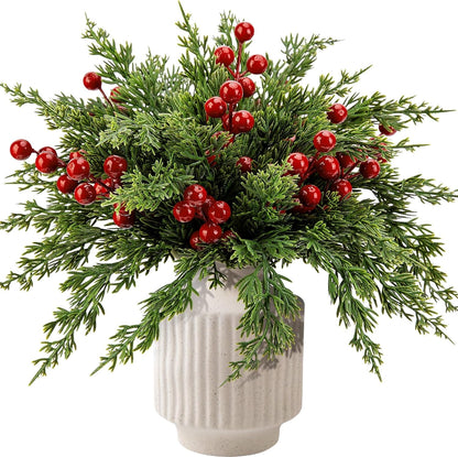 TETOU 60pcs Christmas Artificial Pine Branches & Artificial Red Berry Stems, Norfolk Pine Needles Picks for DIY Christmas Decoration Xmas Garland Fake Greenery Decor Indoor