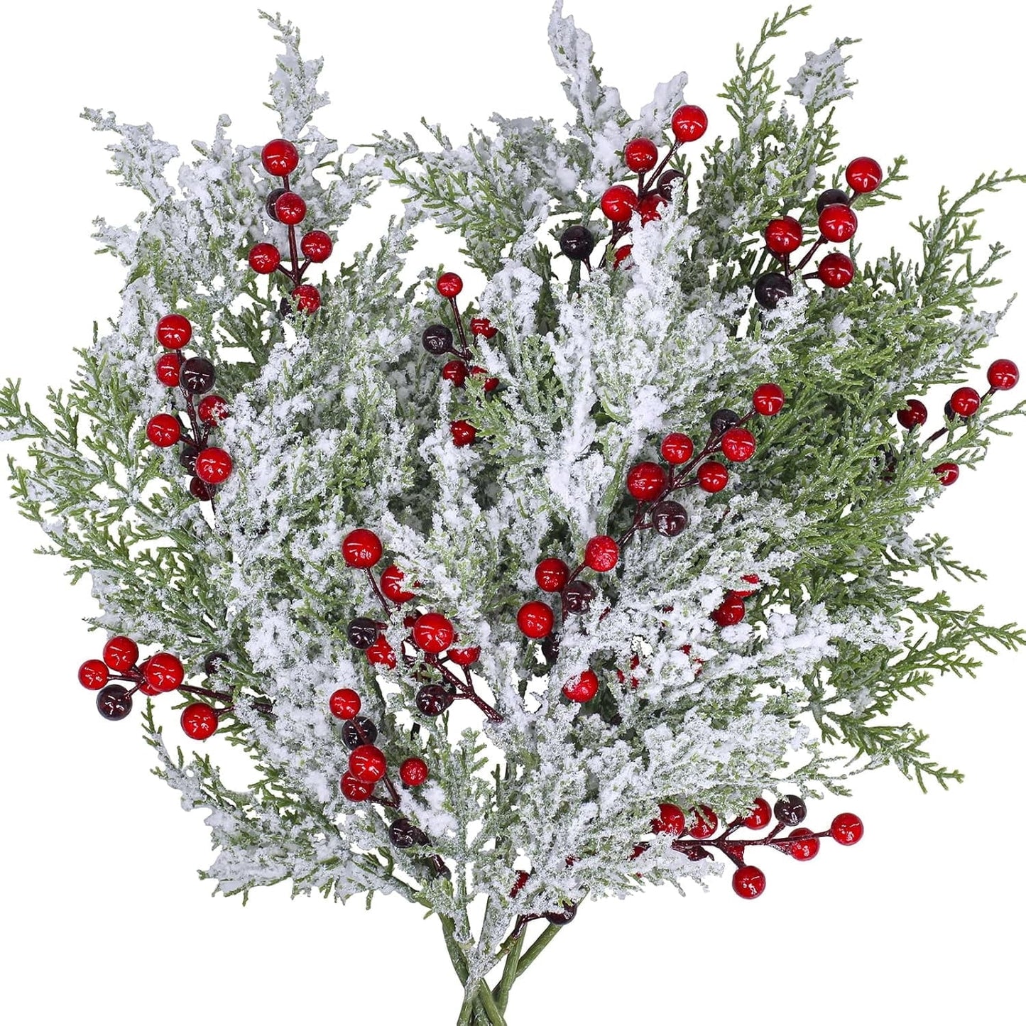 TETOU 6Pcs Christmas Cedar Picks with Red Berries, Artificial Snow Frosted Pine Branches, Christmas Greenery Stems for Christmas Tree Wreath Floral Arrangement Vase Winter Holiday Decor