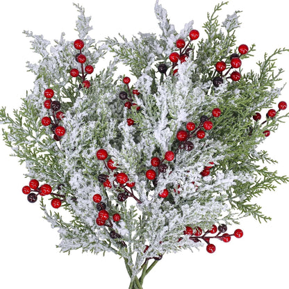 TETOU 6Pcs Christmas Cedar Picks with Red Berries, Artificial Snow Frosted Pine Branches, Christmas Greenery Stems for Christmas Tree Wreath Floral Arrangement Vase Winter Holiday Decor