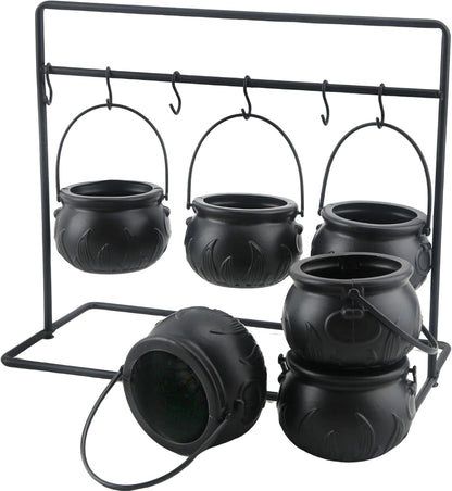 TETOU 6Pcs Halloween Witches Cauldron Serving Bowls Decor, Hallowe'en Candy Bowl with Cauldron on Rack for Hallowe'en Party Decoration
