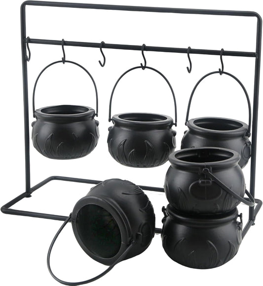 TETOU 6Pcs Halloween Witches Cauldron Serving Bowls Decor, Hallowe'en Candy Bowl with Cauldron on Rack for Hallowe'en Party Decoration