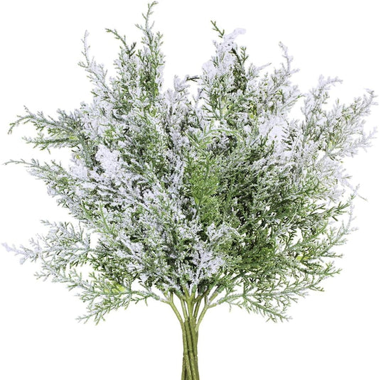 TETOU 6Pcs Snowy Artificial Cedar Picks Stems, 18.5" Frosted Faux Christmas Cedar Spray Greenery Branches for Holiday Season Floral Arrangement Centerpiece Winter Wedding Decorations