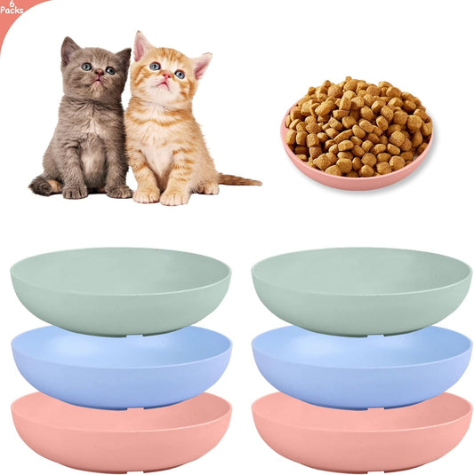 TETOU 6Pcs Whisker Friendly Fatigue Cat Bowl, 5.5" Shallow Cat Food Dish Wide Cat Wet Feeding Bowls, Wheat Straw Plate for Kittens and Short Legged Cat