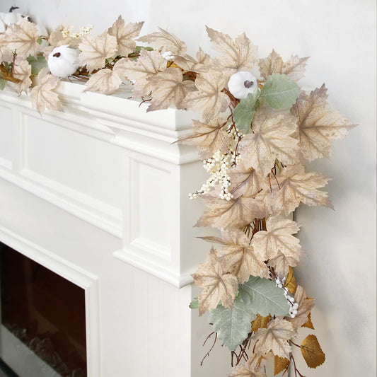 TETOU 6ft Autumn Maples Leaf Pumpkin Garland for Home Farmhouse Fireplace Fall Thanksgiving Decoration