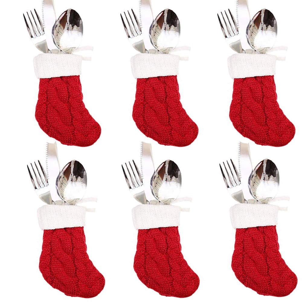 TETOU 6pcs Christmas Mini Stockings Knitted Xmas Classic Small Stocking Fireplace Holiday Hanging Decor