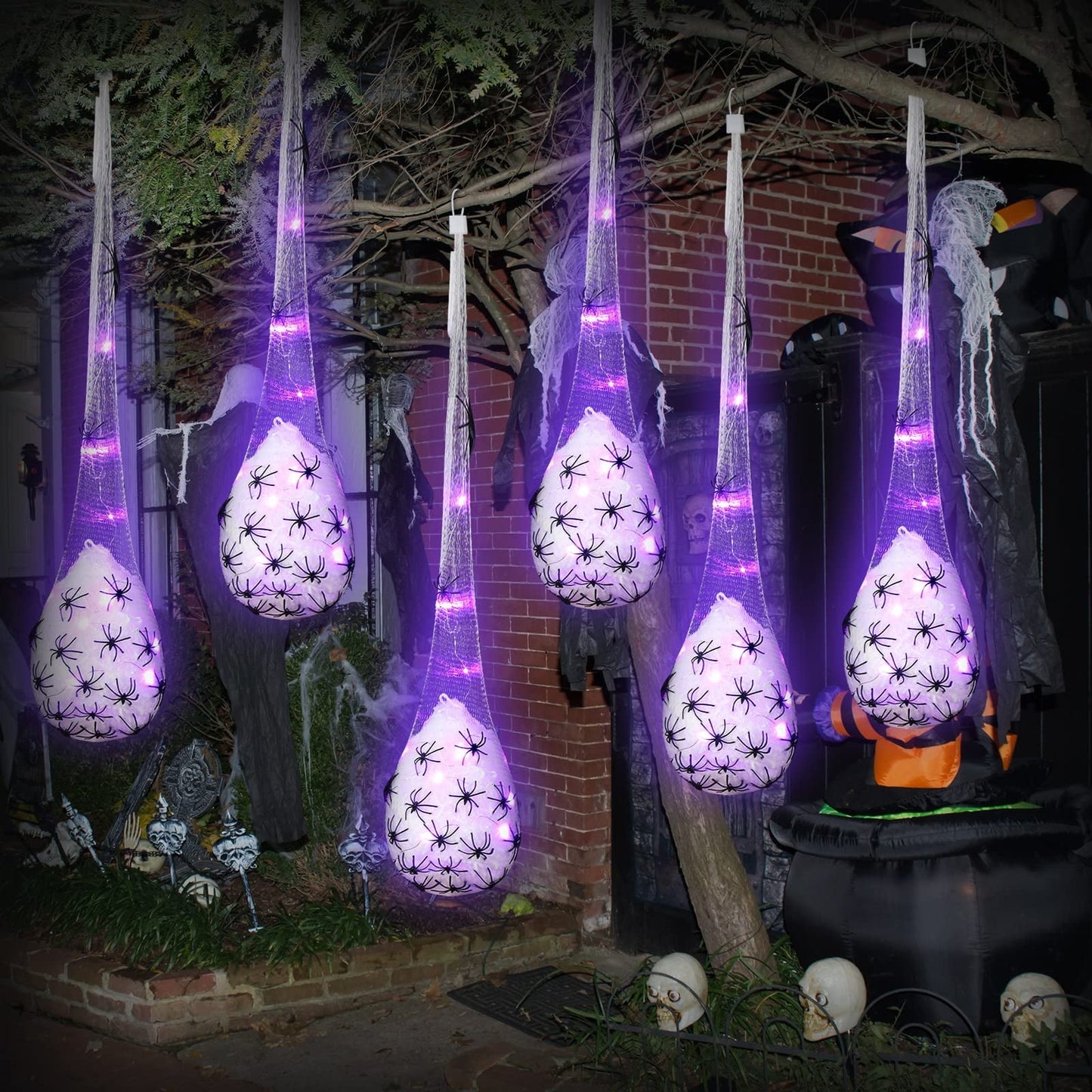 TETOU 6pcs Halloween Hanging Light up Spider Egg Sacs for Outdoor Tree Yard Hanging Spider Decoration (Warm White)