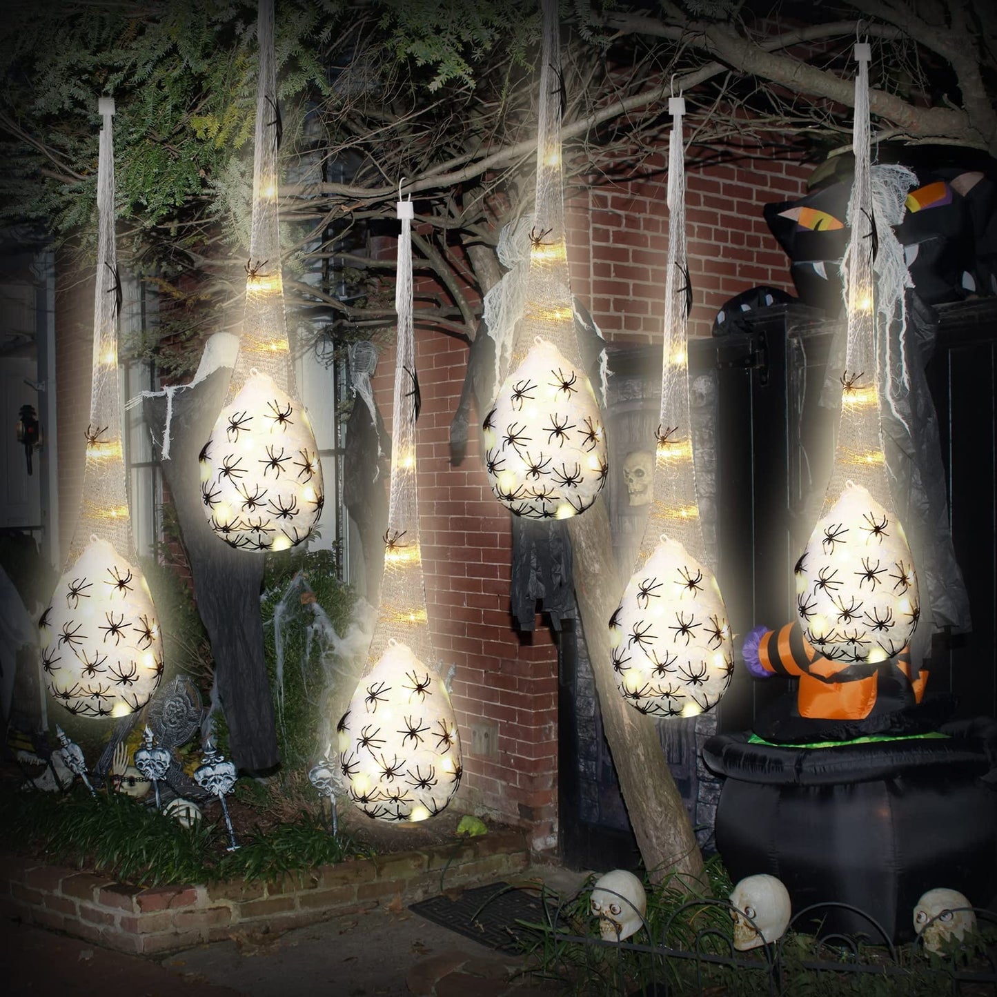 TETOU 6pcs Halloween Hanging Light up Spider Egg Sacs for Outdoor Tree Yard Hanging Spider Decoration (Warm White)