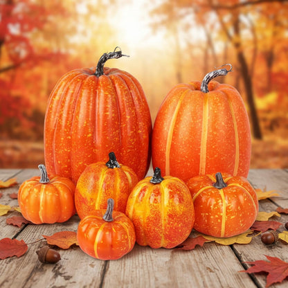 TETOU 7 Pcs Artificial Pumpkins, Faux Foam Fall Orange Pumpkins Decor for Halloween Thanksgiving Indoor Outdoor Home Autumn Farmhouse Harvest Tabletop Decorations