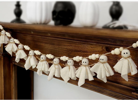 TETOU 4Ft Cute Halloween Ghost with Wooden Beads Garlands, Hanging Ghost Garland for Vintage Halloween Party Wall Home Indoor Outdoor Spring Decor Supplies
