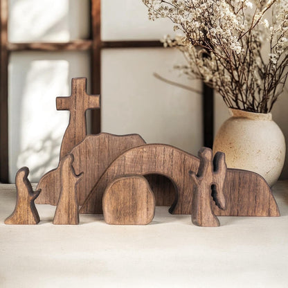 TETOU 7pcs Easter Scene and Cross Decoration, Wooden Easter Resurrection Scene Cross Jesus Tomb Tray Set,Jesus Nativity Scene Decor for Easter Religious Home Office Tabletop Christian Gifts