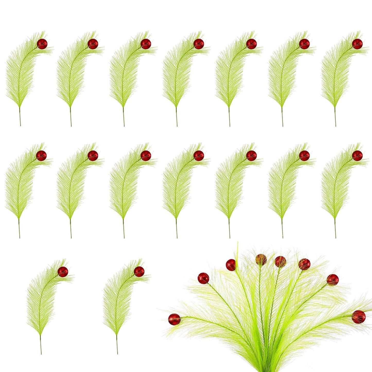 TETOU 16 Pcs Christmas Tree Topper,17'' Red Green Curly Stems Christmas Tree Ornaments for Christmas Tree Home Office Wreath Craft Decorations