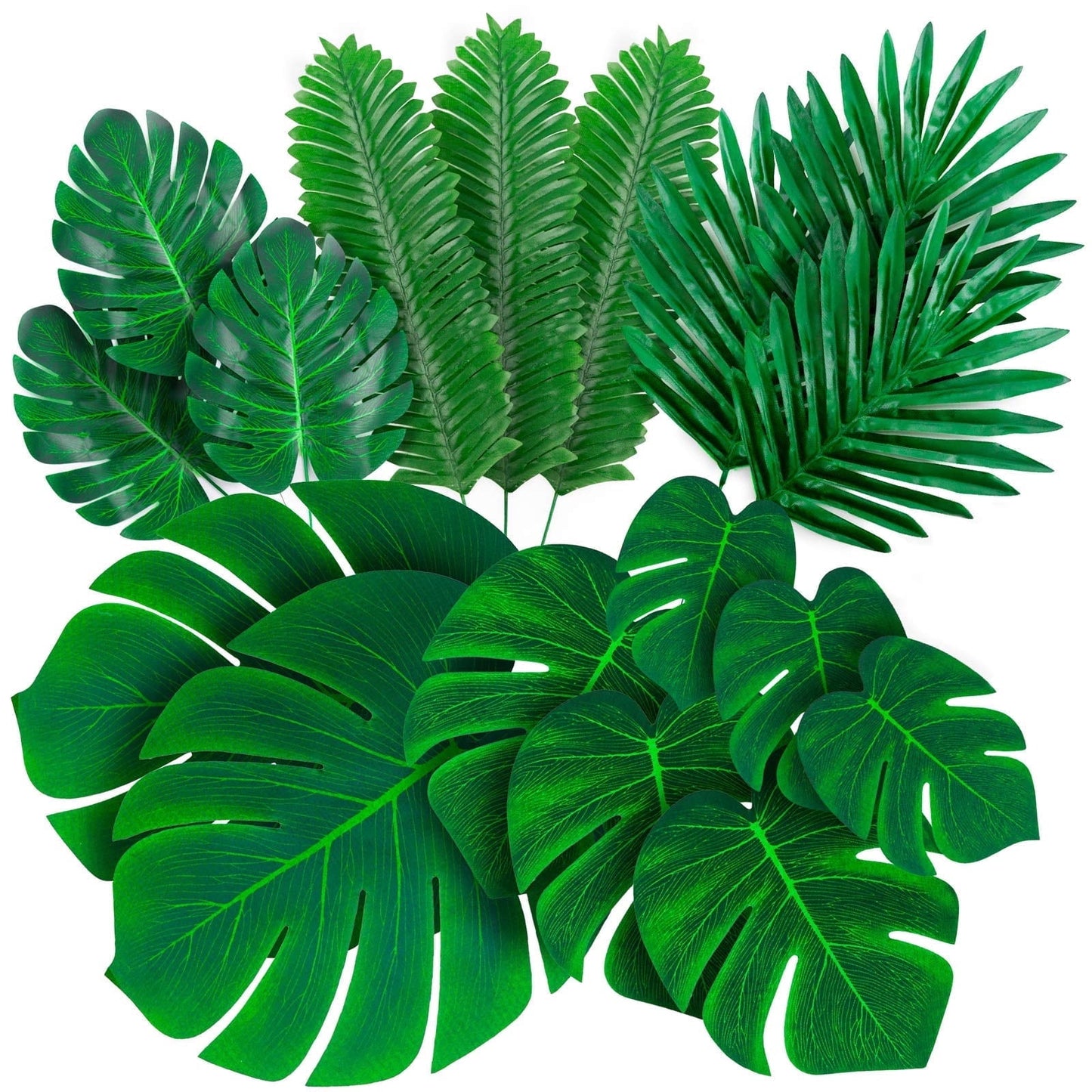 TETOU 36Pcs Palm Leaves Artificial Tropical Monstera, 6 Kinds Large Small Green Fake Palm Leaf with Stems for Home Kitchen Party Flowers Arrangement Wedding Hawaiian Party Table Decoration
