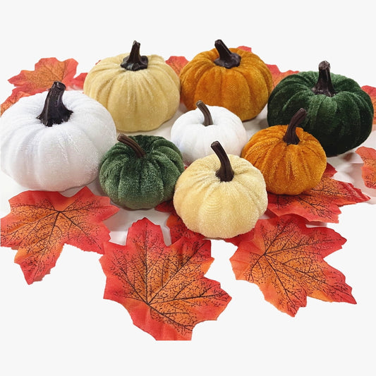 TETOU 8Pcs Faux Velvet Foam Pumpkin with 50pcs of maple leaves, Artificial Fake Velvet Foam Fabric Pumpkins Decoration or Fall Home Farmhouse Harvest Thanksgiving Decor