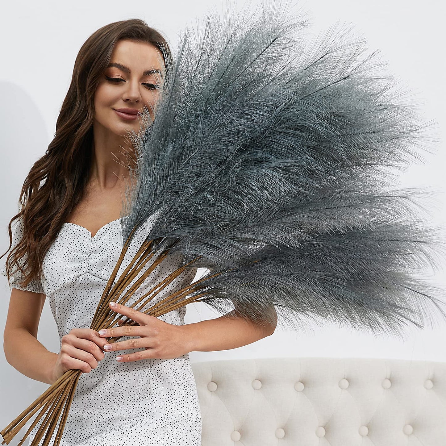 TETOU 8pcs Faux Pampas Grass 38"/3.1FT Tall Fake Pampas Floral Large Artificial Natural Pompous Grass Plants for Floor Vase Filler Home Boho Decor - Beige