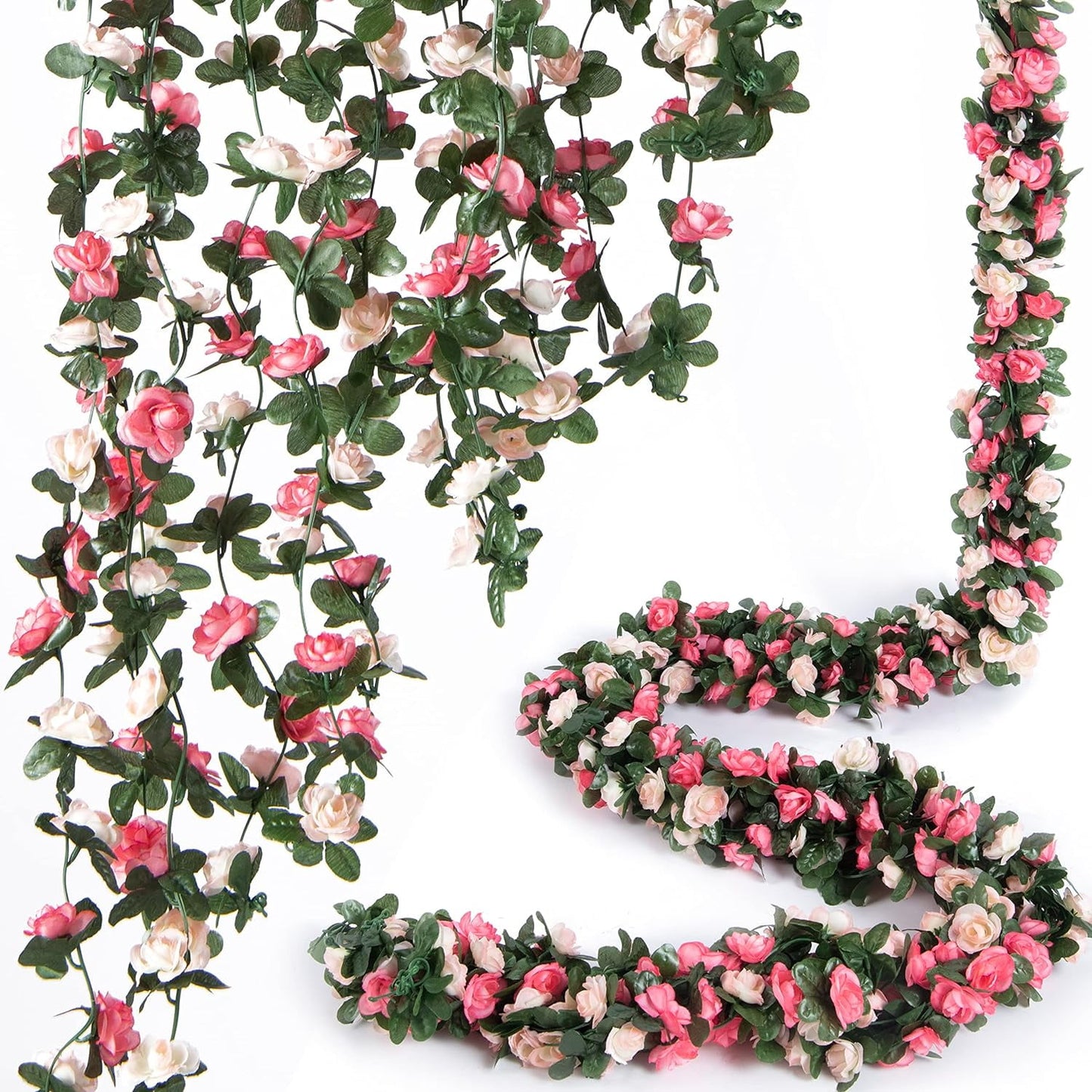 TETOU 6pcs Flower Garlands Artificial Rose Vine Flowers with Leaves 66ft Hanging Roses Vine for Room Wedding Birthday Christmas Wall Decor(Red)